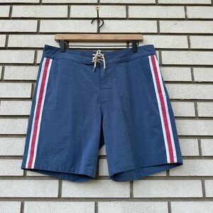 Faherty Retro Surf Stripe Board Shorts Blue Red White Drawstring Swim Trunks 33